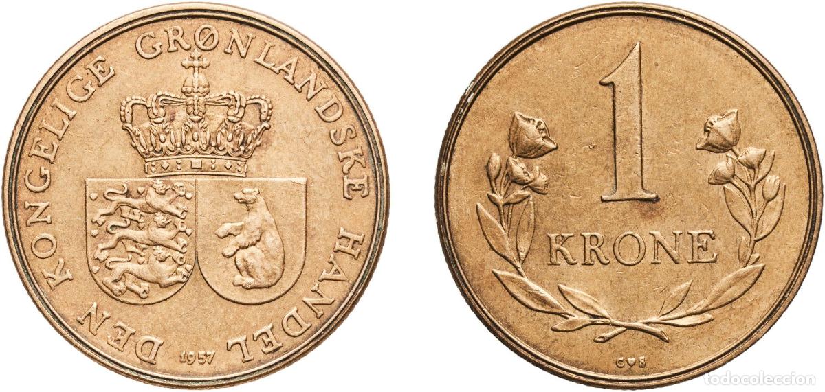 Monedas antiguas de Europa: Denmark Greenland Danish Territory 1957 C&hearts;S 1 Krone - Frederik IX Aluminium bronze (Cu 75%, Ni 25%)