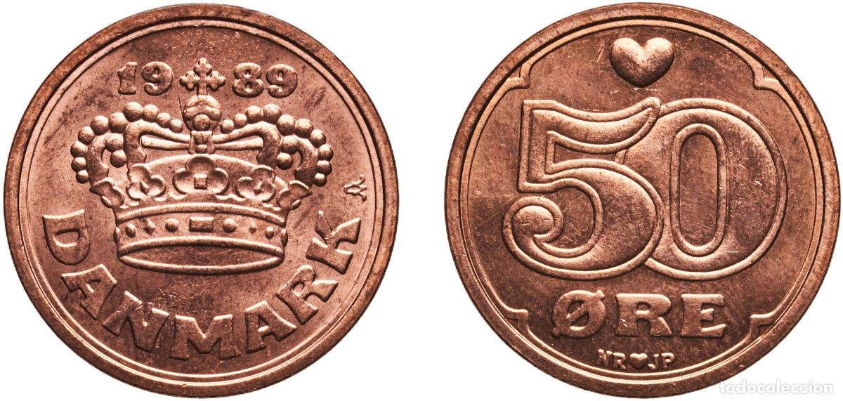 Monedas antiguas de Europa: Denmark Kingdom 1989 NR&hearts;JP 50 &Oslash;re Bronze (97% Copper, 2.5% Zinc, 0.5% Tin) Copenhagen Mint (9223600