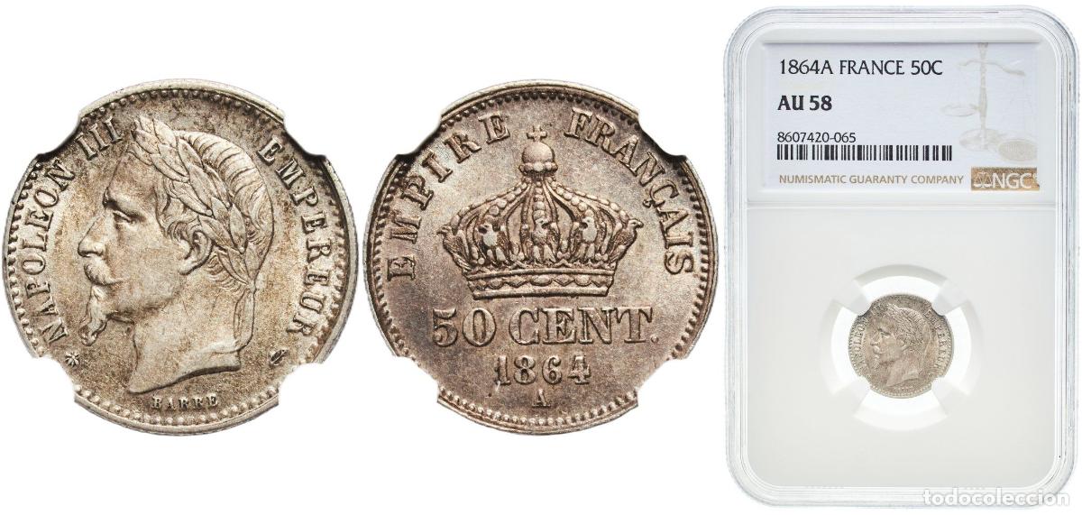 Monedas antiguas de Europa: France empire 1864 A 50 Centimes - Napoleon III Silver (.835) Paris Mint (7597756) 2.5g NGC AU 58 F