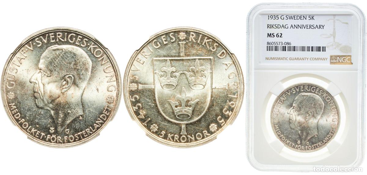 Monedas antiguas de Europa: Sweden Kingdom 1935 5 Kronor - Gustaf V (Riksdag) Silver (.900) Kungliga Myntet (663819) 25g NGC MS