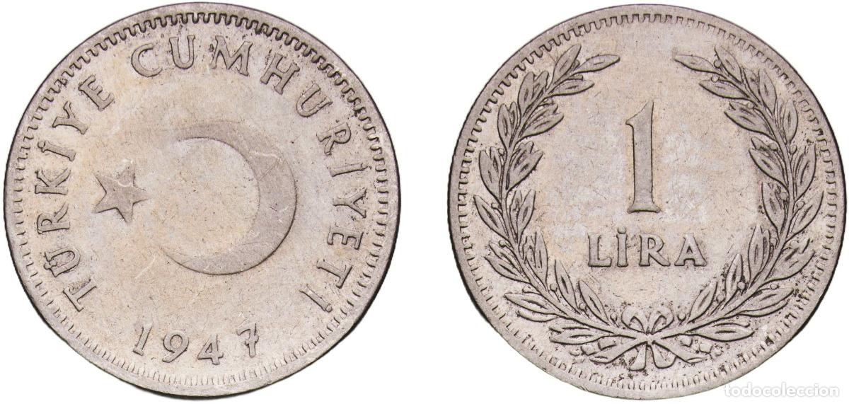 Monedas antiguas de Europa: Turkey Republic 1947 1 Lira Silver (.600) (Copper .400) (11104000) 7.46g VF KM 883 Sch&ouml;n 403