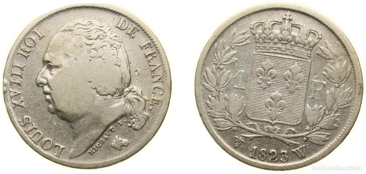 Monedas antiguas de Europa: France Kingdom 1823 W 1 Franc - Louis XVIII Silver (.900) Lille Mint (276931) 4.9g VF F 206 Gad 449