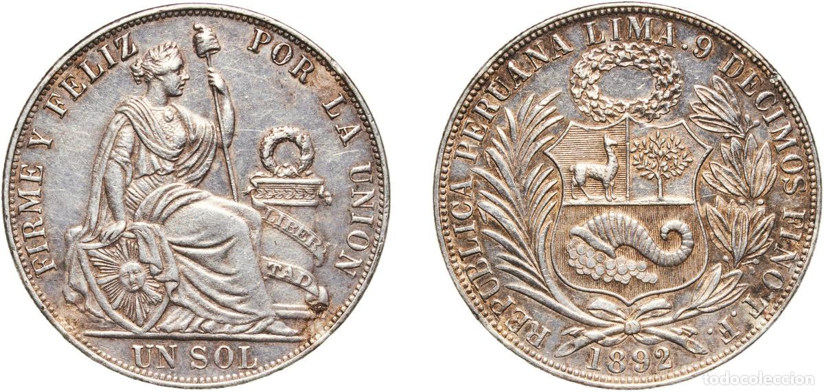 Monedas antiguas de Europa: Peru Republic 1892 TF 1 Sol Silver (.900) (Copper .100) Lima Mint (2270000) 25g AU KM 196
