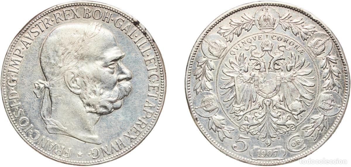 Monedas antiguas de Europa: Austria Empire 1907 5 Corona - Franz Joseph I Silver (.900) Vienna Mint (1539200) 24g XF KM 2807 S