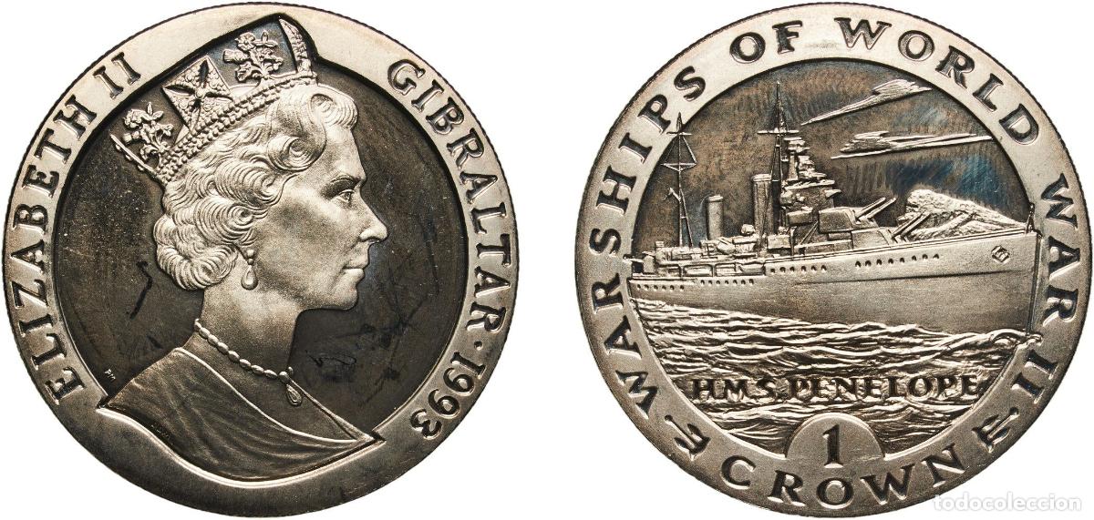 Monedas antiguas de Europa: Gibraltar British Overseas Territory 1993 1 Crown - Elizabeth II (H.M.S. Penelope) Copper-nickel Po