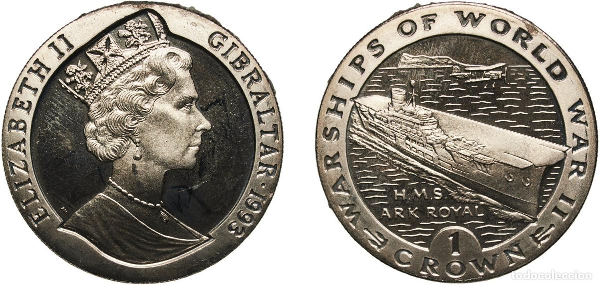 Monedas antiguas de Europa: Gibraltar British Overseas Territory 1993 PM 1 Crown - Elizabeth II (H.M.S. Ark Royal) Copper-nicke