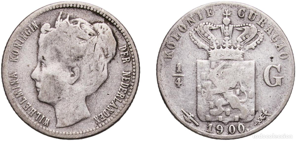 Monedas antiguas de Europa: Cura&ccedil;ao 1900 &frac14; Gulden - Wilhelmina Silver (.640) Utrecht Mint (480000) 3.47g VF KM 35 Scho 1391 Sc