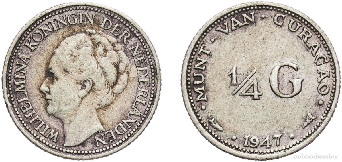 Monedas antiguas de Europa: Cura&ccedil;ao 1947 &frac14; Gulden - Wilhelmina Silver (.640) (36% copper) Utrecht Mint (1000000) 3.54g VF Scho