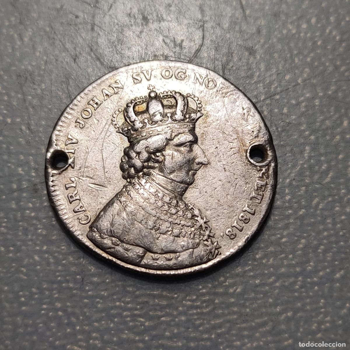 Monedas antiguas de Europa: SUECIA SWEDEN CARL XIV CORONACION DEL REY 1/3 RIKSDALER 1818 2 AGUJEROS