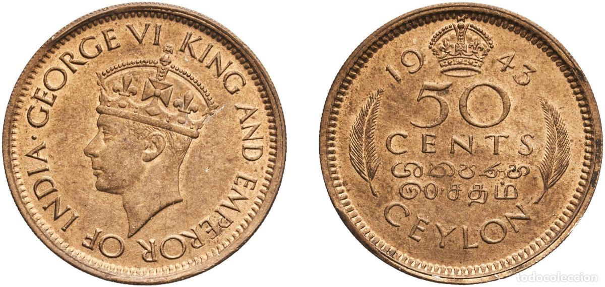 Monedas antiguas de Europa: Sri Lanka Ceylon (1597-1972) British Ceylon colony 1943 50 Cents - George VI Nickel brass Bombay Mi