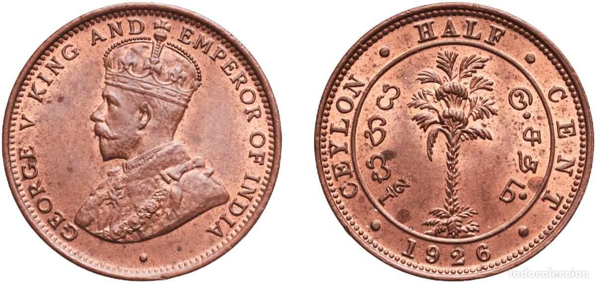 Monedas antiguas de Europa: Sri Lanka Ceylon (1597-1972) British Ceylon colony 1926 &frac12; Cent - George V Copper Heaton and Sons /