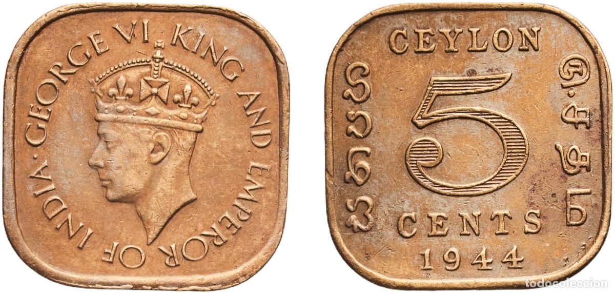 Monedas antiguas de Europa: Sri Lanka Ceylon (1597-1972) British Ceylon colony 1944 5 Cents - George VI Nickel brass Royal Mint