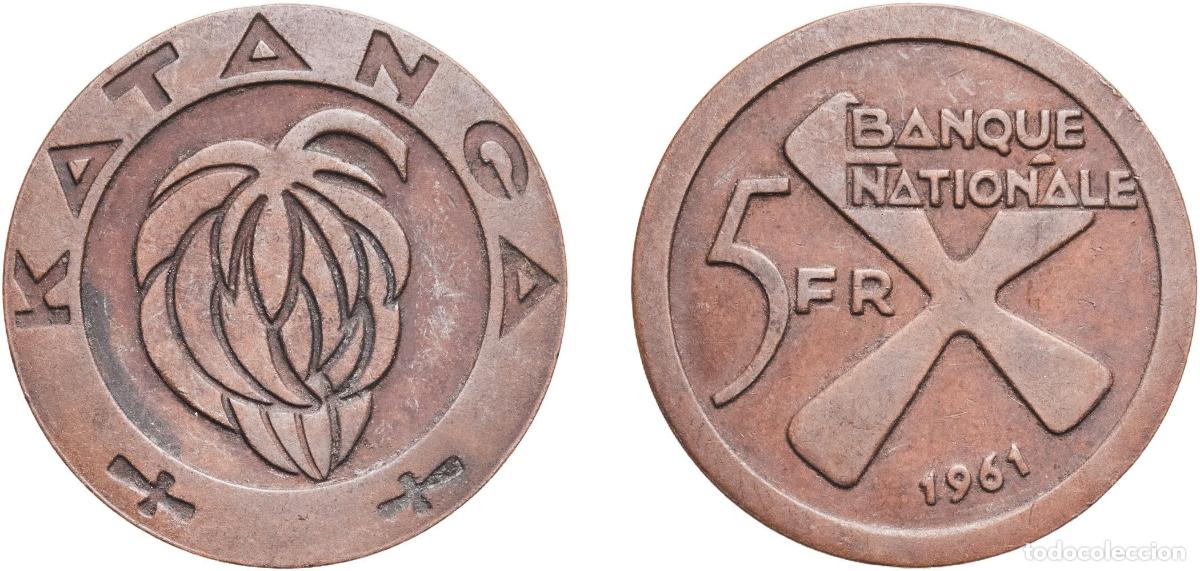 Monedas antiguas de Europa: Congo Katanga Republic 1961 5 Francs Bronze Kings Norton Metal Company Mint (6500000) 6.56g XF KM