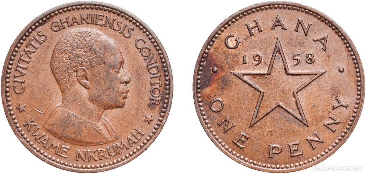 Monedas antiguas de Europa: Ghana Republic 1958 1 Penny - Elizabeth II Bronze (95.5% Copper, 3% Tin, 1.5% Zinc) Royal Mint (Tow