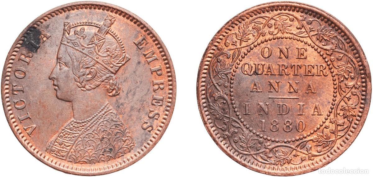 Monedas antiguas de Europa: India British Raj 1880 &frac14; Anna - Victoria (&rdquo;VICTORIA EMPRESS&rdquo;) Copper Calcutta Mint (10278000) 6.55g