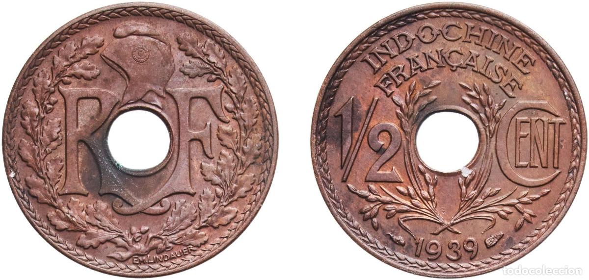Monedas antiguas de Europa: French Indochina French colony 1939 &frac12; Cent Bronze Paris Mint (17305000) 4g AU KM 20