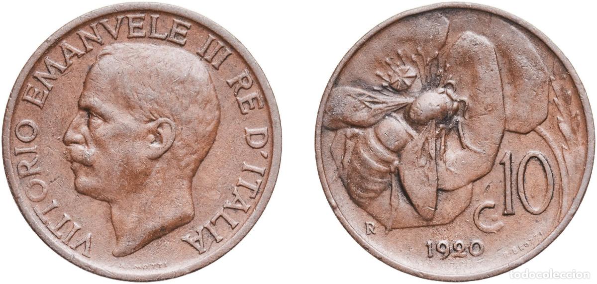 Monedas antiguas de Europa: Italy Kingdom 1920 R 10 Centesimi - Victor Emmanuel III Copper Rome Mint (37995000) 5.4g XF KM 60