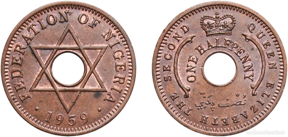 Monedas antiguas de Europa: Nigeria British colony 1959 &frac12; Penny - Elizabeth II Bronze (95.5% Copper, 3% Tin, 1.5% Zinc) Royal M
