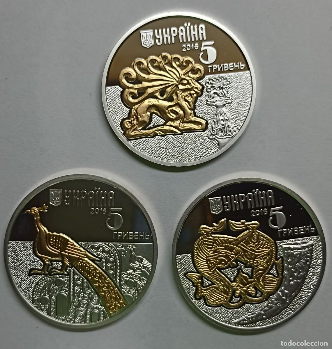 Monedas antiguas de Europa: UCRANIA (UKRAINE). 3 MONEDAS DE 5 HRYVEN (UAH). PLATA. MUY RARAS. ANIMALES/ARQUEOLOGIA