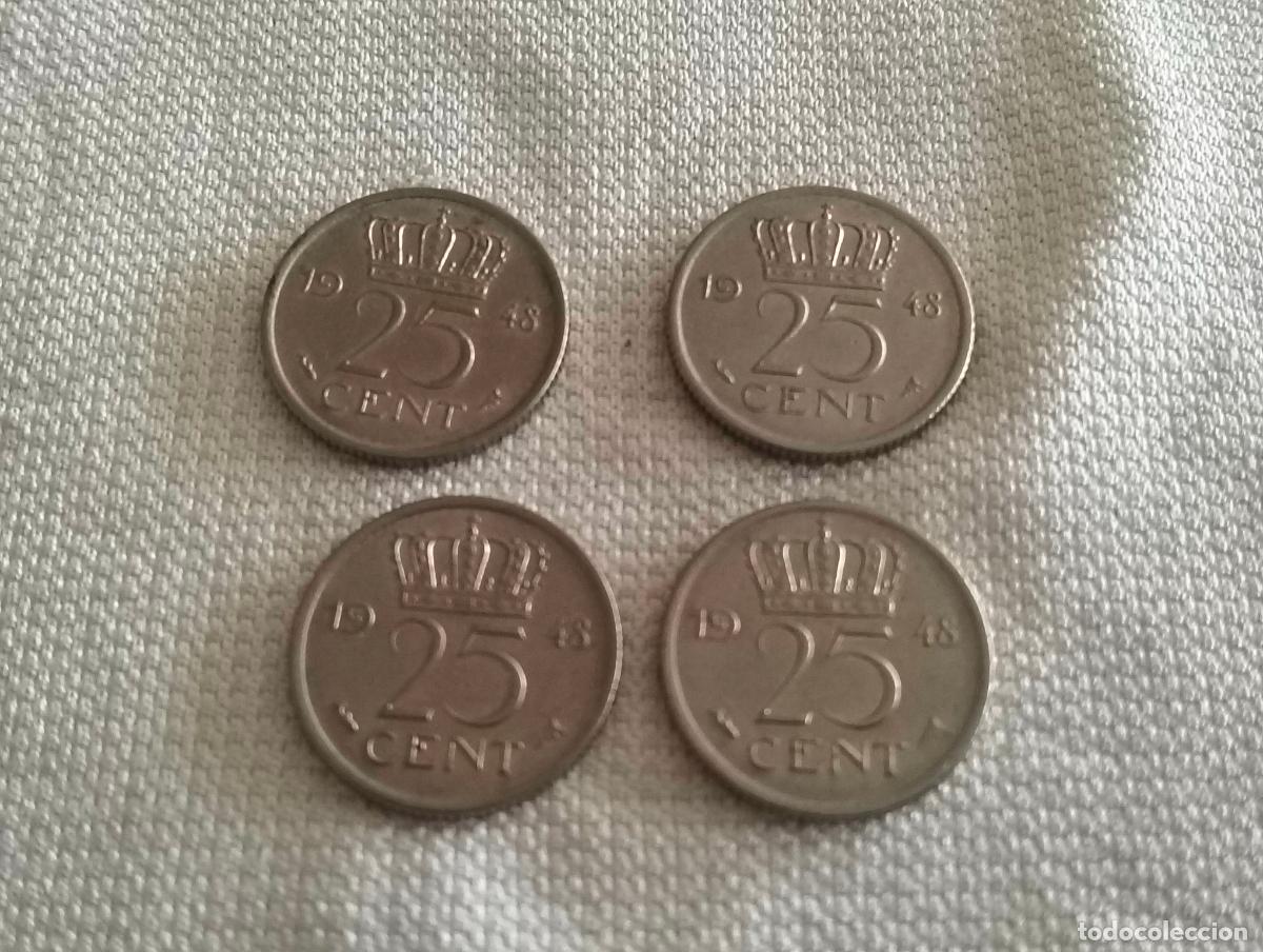 Monedas antiguas de Europa: LOTE 4 MONEDAS 25 CENTAVOS, A&Ntilde;O 1948, PAISES BAJOS