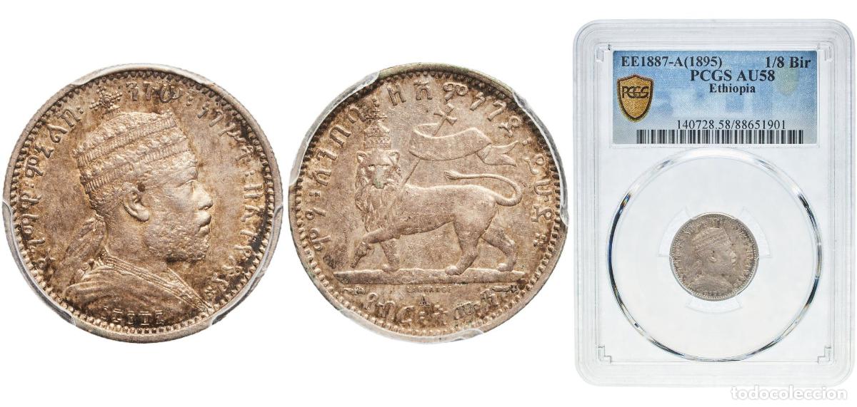 Monedas antiguas de Europa: Ethiopia Empire 1887 A ⅛ Birr - Menelik II Silver (.835) Paris Mint (25000) 3.5g PCGS AU 58 KM 2 S