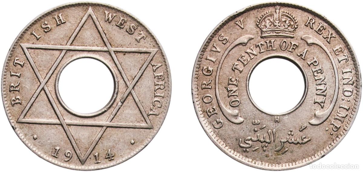 Monedas antiguas de Europa: British West Africa British colony 1914 H ⅒ Penny - George V Copper-nickel (75% Copper, 25% Nickel)