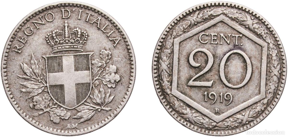 Monedas antiguas de Europa: Italy Kingdom 1919 R 20 Centesimi - Victor Emmanuel III Copper-nickel Rome Mint 3.89g XF KM 58
