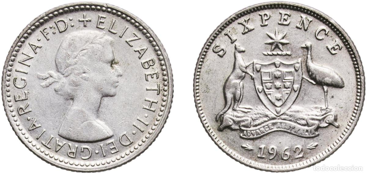 Monedas antiguas de Europa: Australia Commonwealth 1962 6 Pence - Elizabeth II (with &rdquo;F:D:&rdquo;) Silver (.500) Melbourne Mint (4481