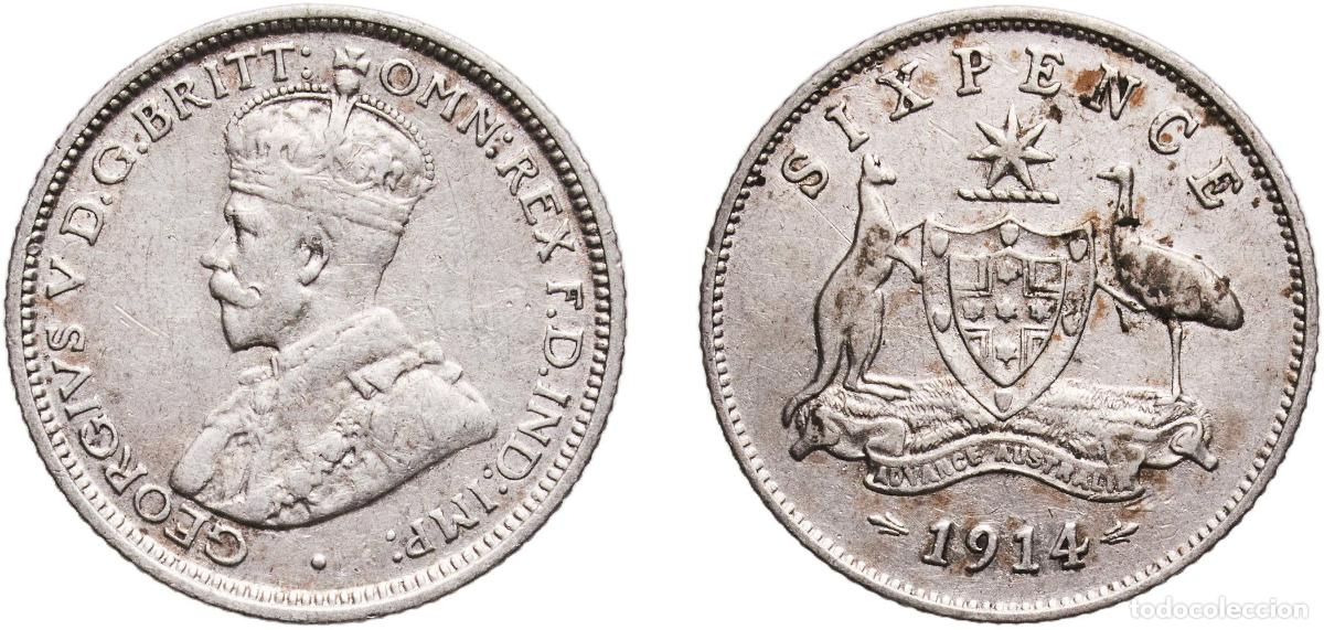 Monedas antiguas de Europa: Australia Commonwealth 1914 6 Pence - George V Silver (.925) Royal Mint (Tower Hill) (1800000) 2.79