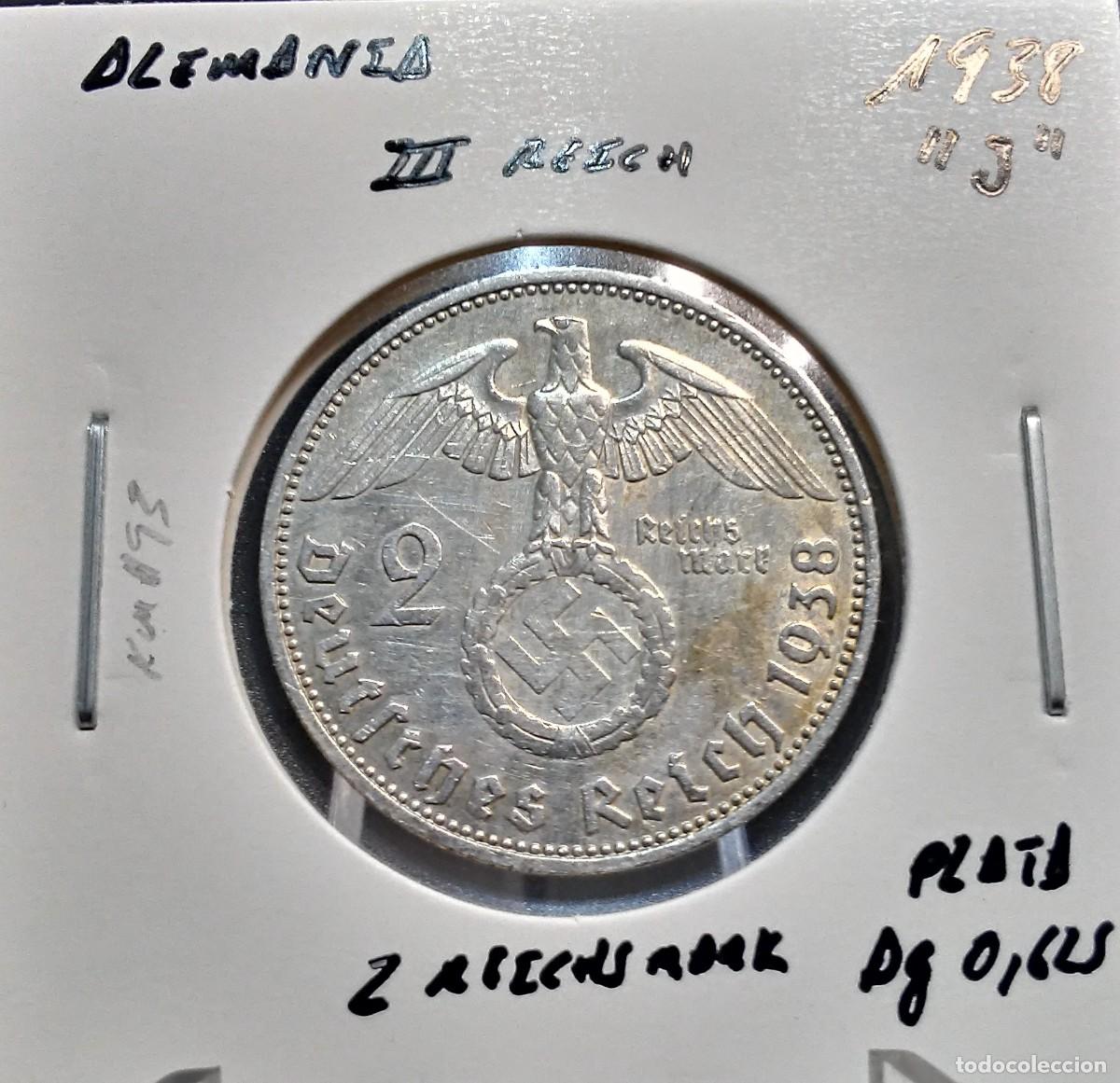 Monedas antiguas de Europa: ALEMANIA III REICH 2 REICHSMARK 1938 J KM#93 MBC+ PLATA AG 0,625 8 GRAMOS.