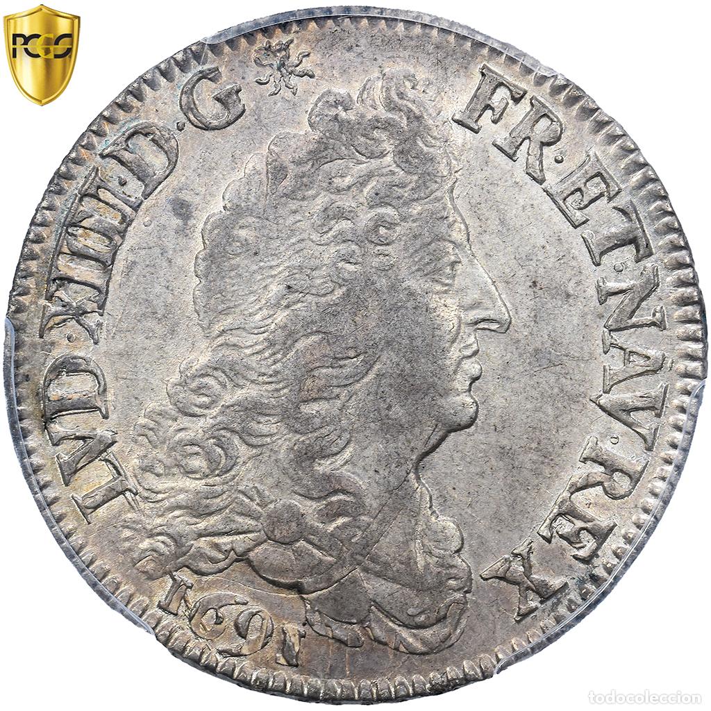 Old Coins of Europe: [#981757] Francia, Louis XIV, 1/2 &Eacute;cu aux 8 L, 1691, Paris, reformed, Plata, PCGS, AU55