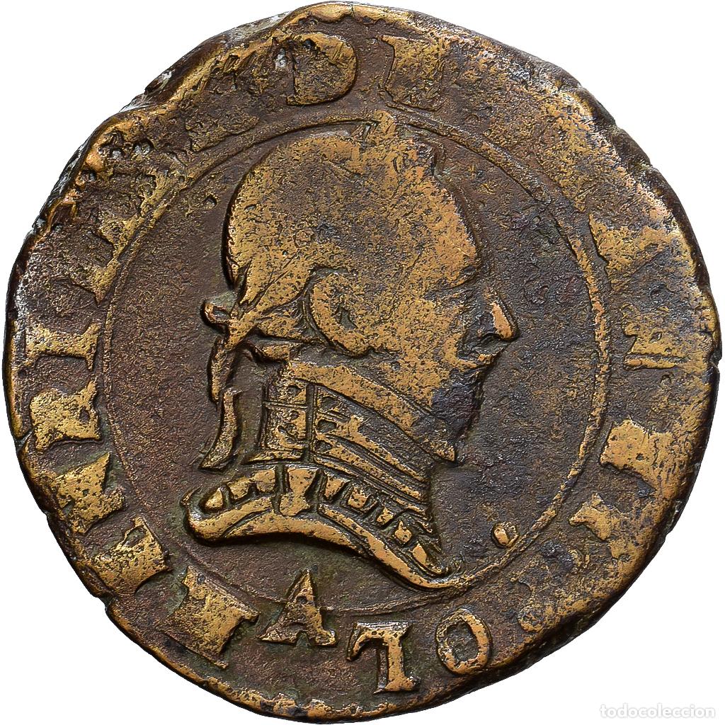 Monedas antiguas de Europa: [#139406] Francia, Henri III, Double Tournois, 1574-1589, Paris, Cobre, BC+, Gadoury:455