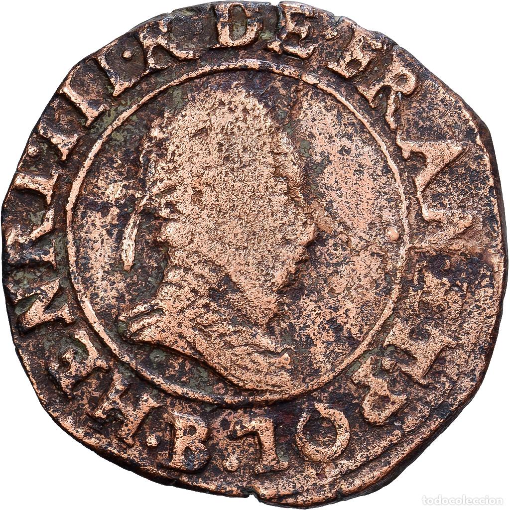 Monedas antiguas de Europa: [#139407] Francia, Henri III, Double Tournois, 1589, Rouen, Cobre, BC+, Gadoury:455