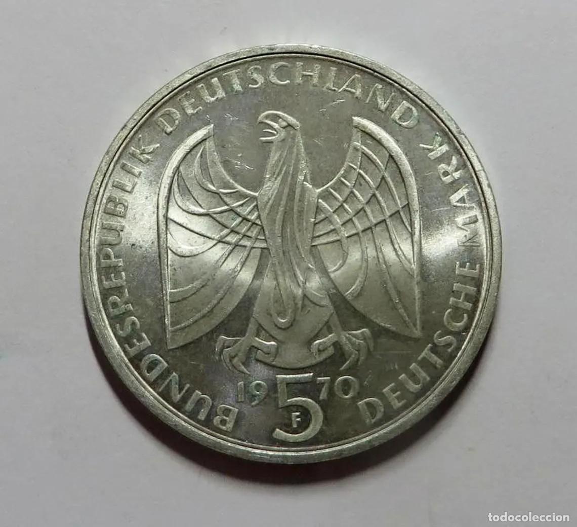Monedas antiguas de Europa: Moneda Plata 5 Marcos Alemania 1970.