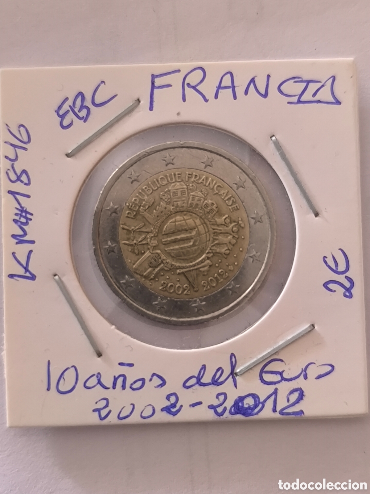 Monedas antiguas de Europa: conmemorativa de 2 euros de Francia, emitida en 2012 para celebrar el &rdquo;X Aniversario de la puesta en