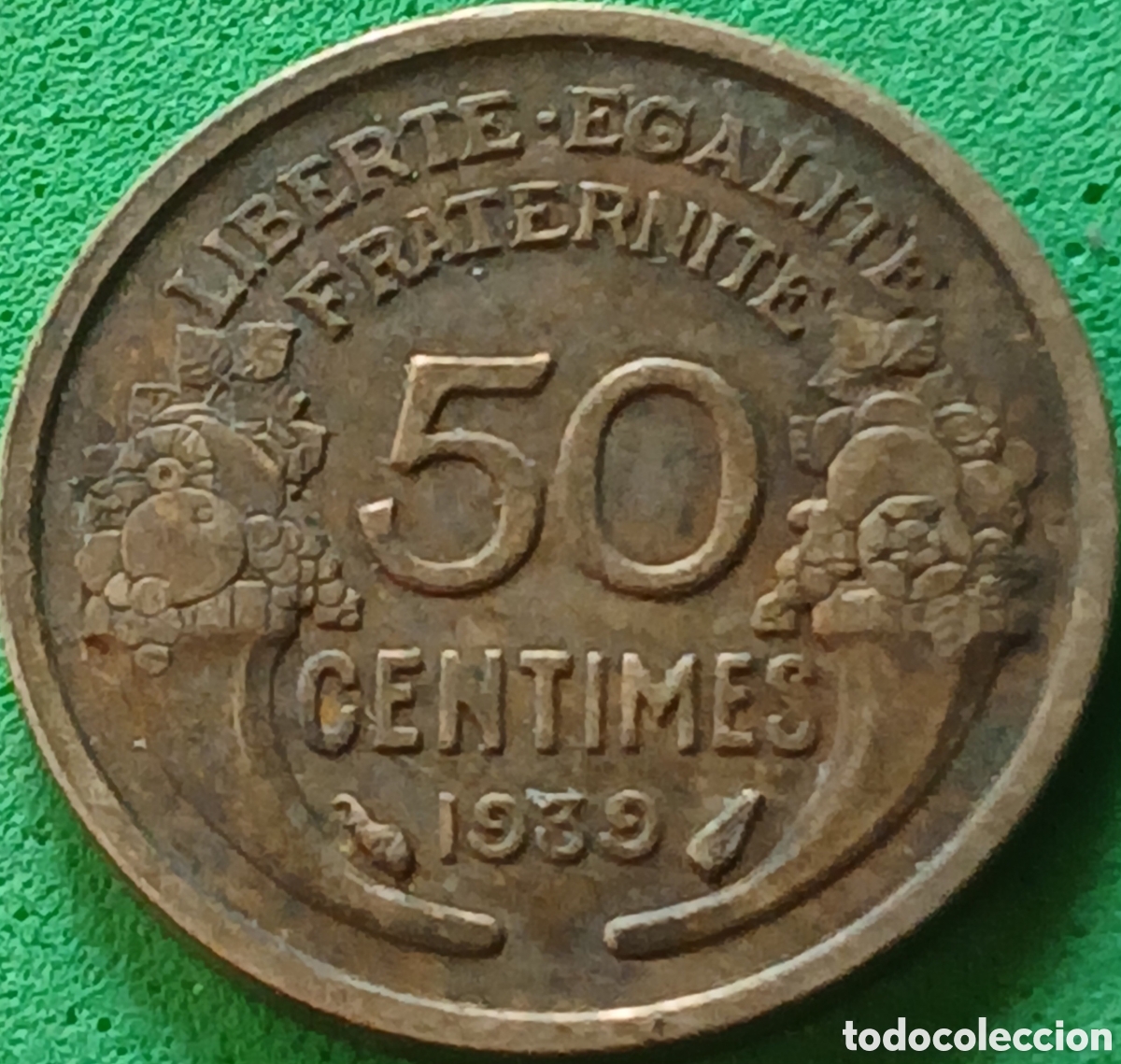 Monedas antiguas de Europa: Francia 50 centimos 1939 km#894 sin marca de ceca- Par&iacute;s