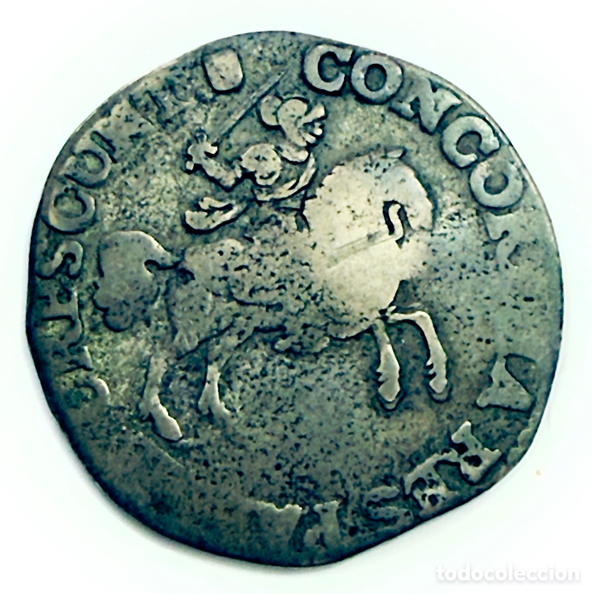 Monedas antiguas de Europa: 6 Stuivers Plata Pa&iacute;ses Bajos s. XVII (1675&ndash;1691) + Resello Falange &ndash; Le&oacute;n Rampante &ndash; RARA