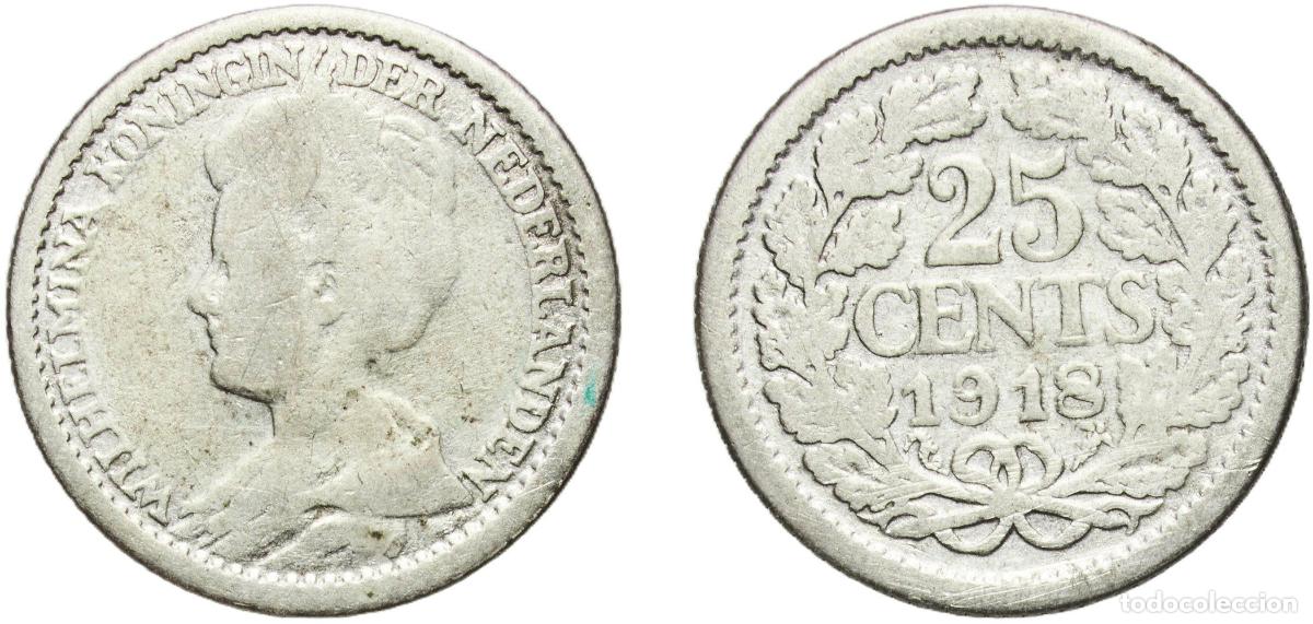Monedas antiguas de Europa: Netherlands Kingdom 1918 25 Cents - Wilhelmina Silver (.640) Utrecht Mint (6000000) 3.43g VF KM 14