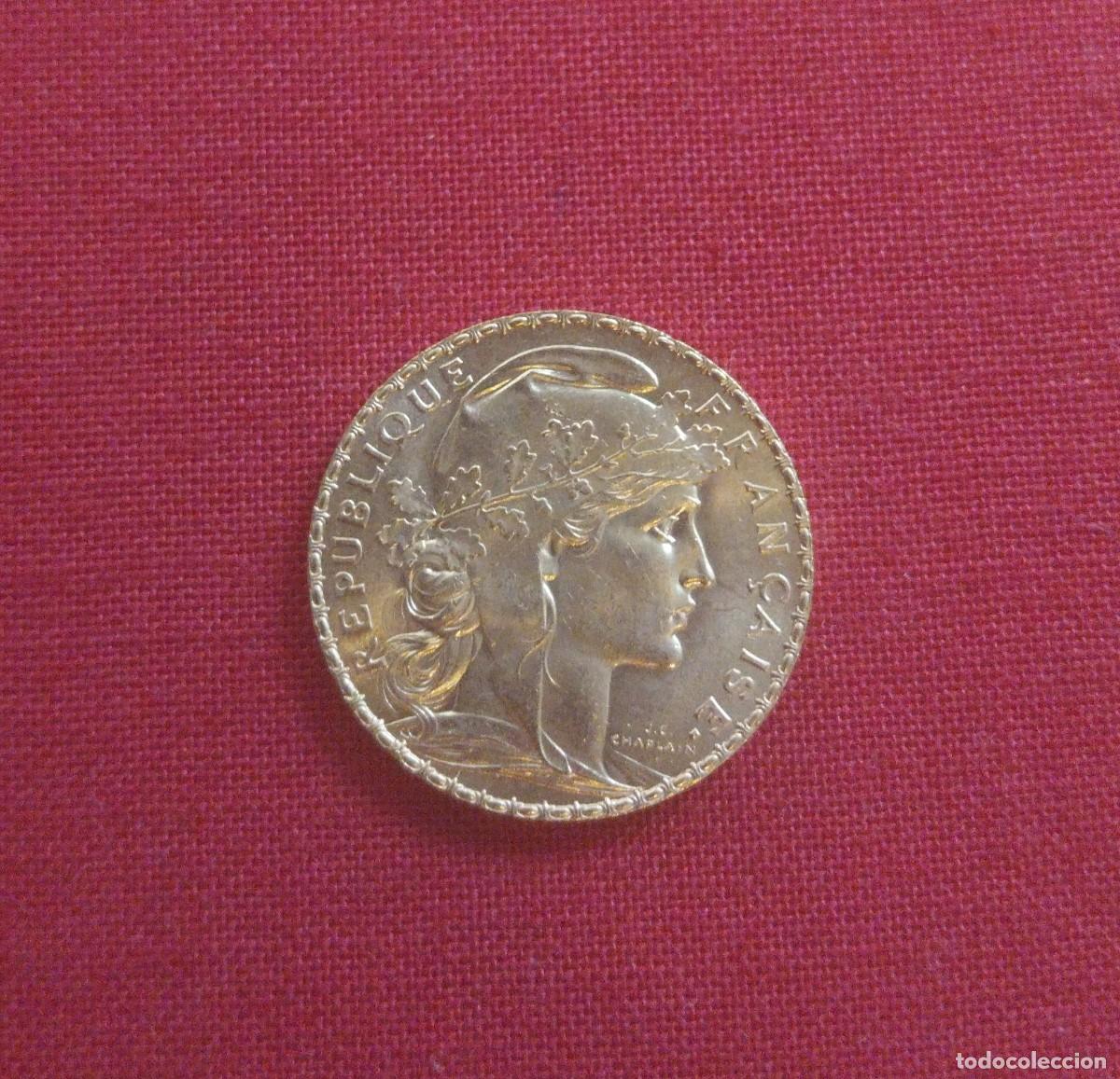 Monedas antiguas de Europa: 20 francos franceses de oro - 1910 (Marianne y gallo)
