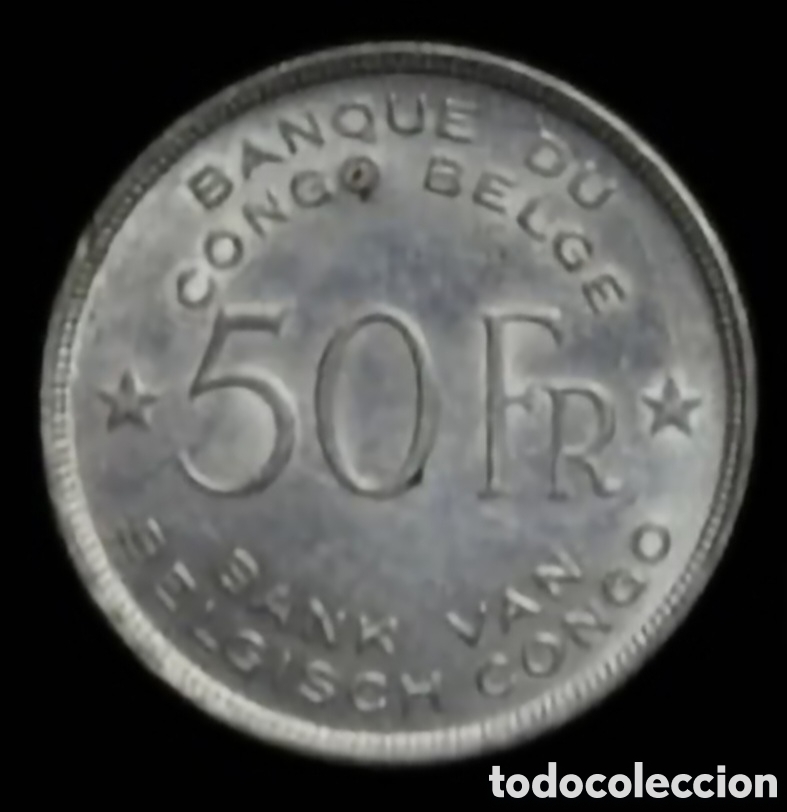 Monedas antiguas de Europa: Rara moneda de 50 francos de plata del Congo Belga a&ntilde;o 1944 sin circulaci&oacute;n y brillo original