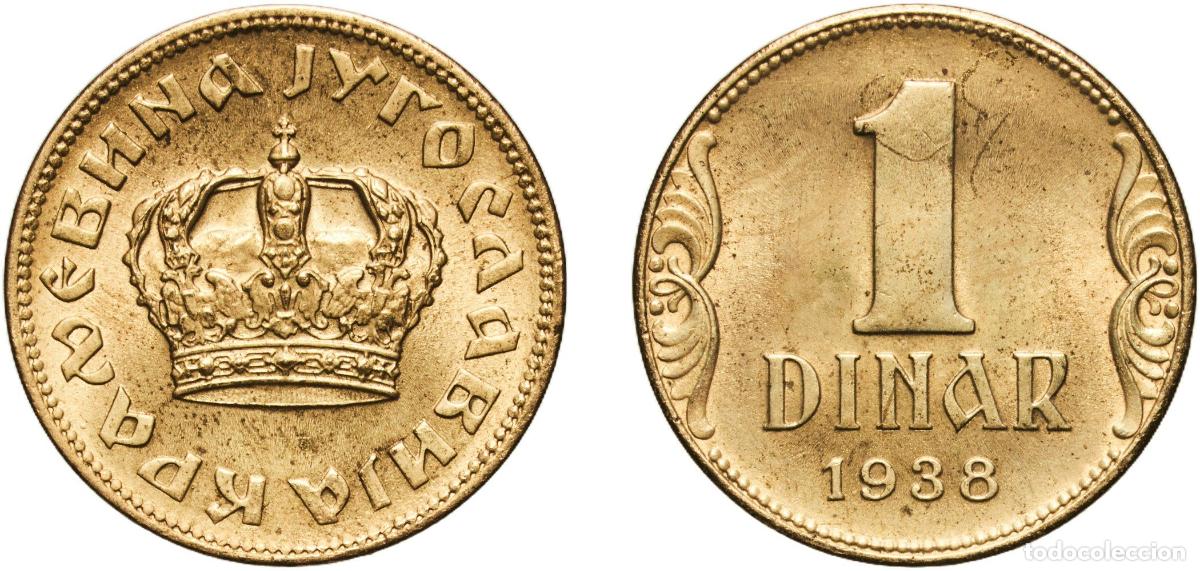 Monedas antiguas de Europa: Yugoslavia Kingdom 1938 1 Dinar - Petar II Aluminium bronze (91 % Cu, 9 % Al) Paris Mint (100000000