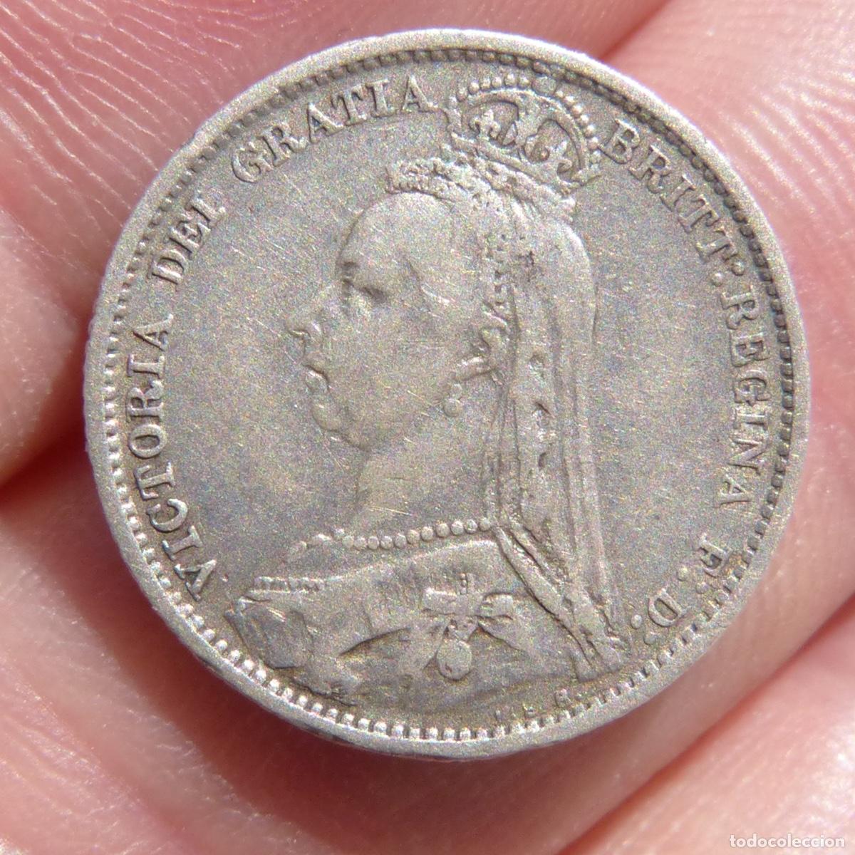 Monedas antiguas de Europa: Moneda de plata, 6 pence 1888, victoria, Britannia. 2,76gr. 19mm.