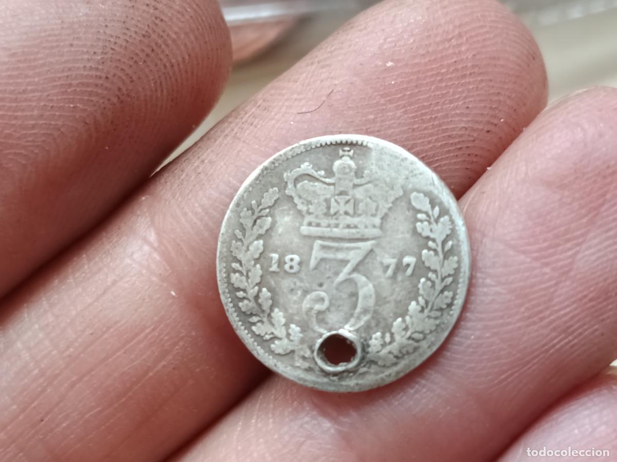 Monedas antiguas de Europa: Reino Unido. 3 pence de plata de 1877 utilizado para colgar