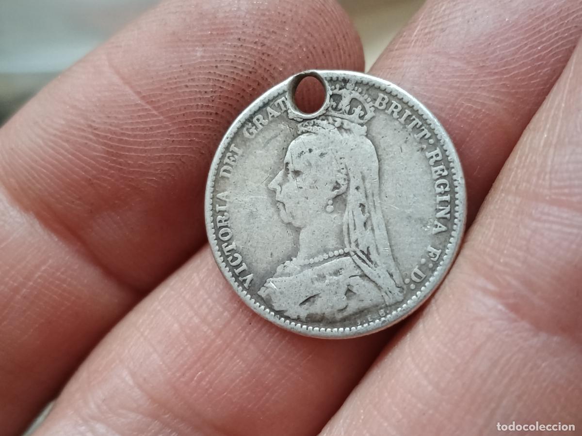 Monedas antiguas de Europa: Reino Unido. 6 pence de plata de 1887 utilizado para colgar