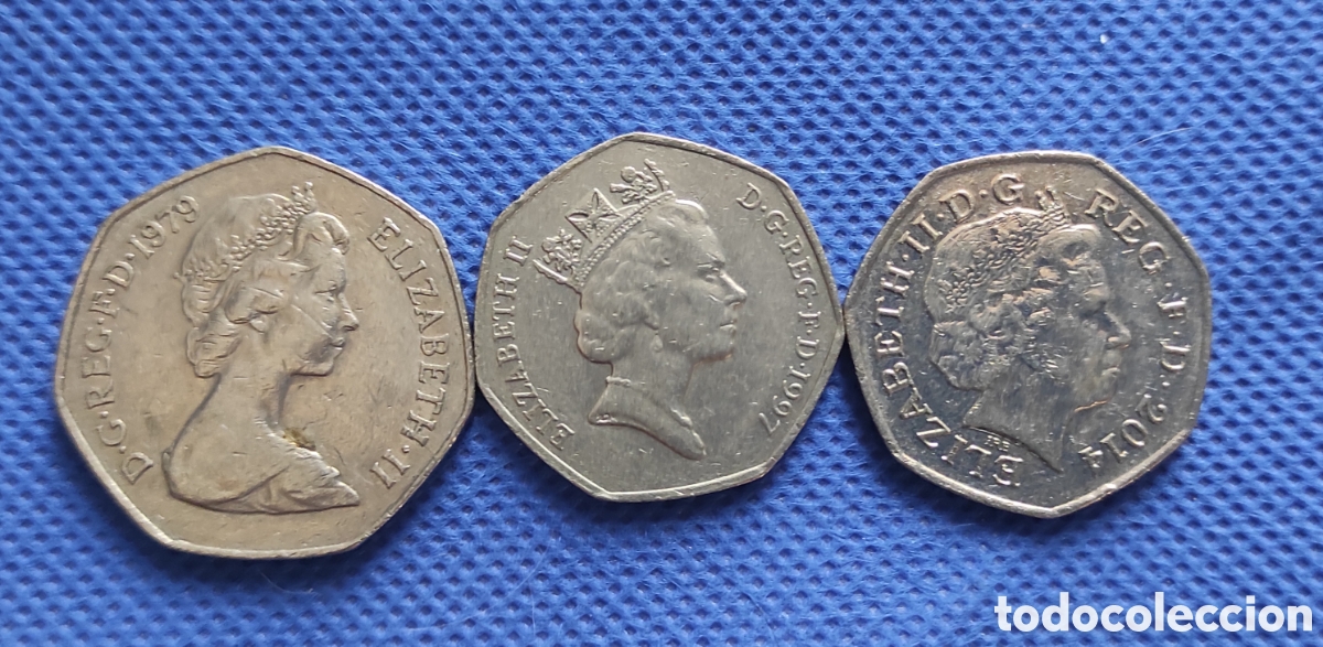 Monedas antiguas de Europa: Gran Breta&ntilde;a lote 3 monedas de 50 PENCE. 1979 1997 y 2014 Reino Unido