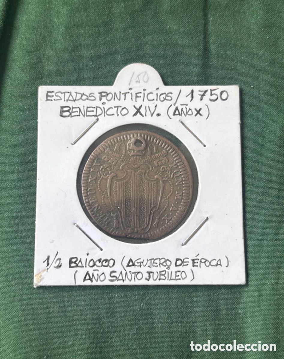 Monedas antiguas de Europa: Moneda 1/2 Baiocco 1750 Benedicto XIV, a&ntilde;o Santo
