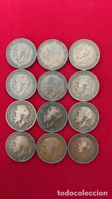Monedas antiguas de Europa: 12 monedas de 1 penique, Reino Unido, Jorge V, todas diferentes