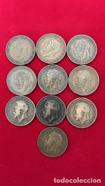 Monedas antiguas de Europa: 10 monedas de 1 penique, Reino Unido, Jorge V, todas diferentes