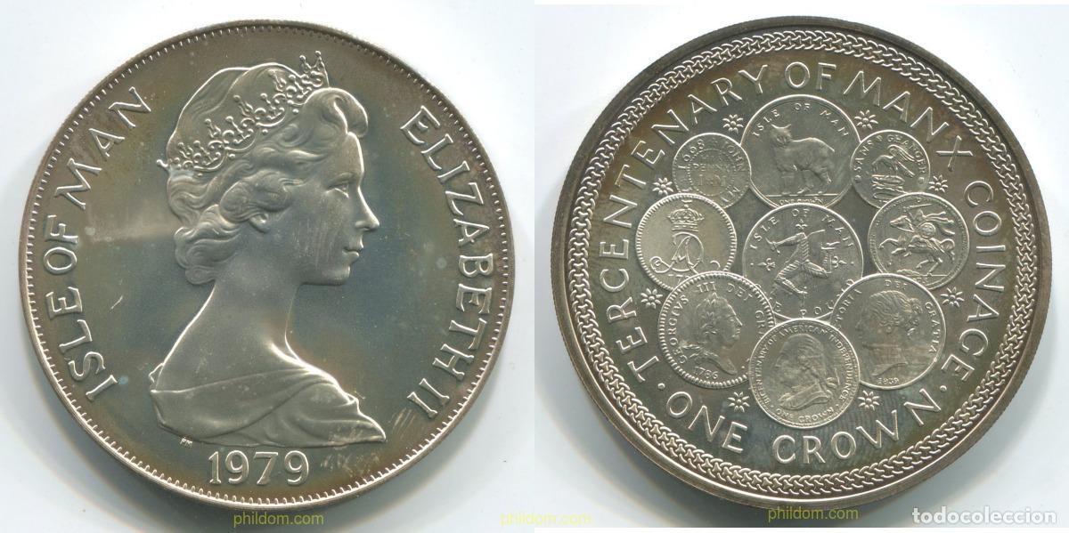 Monedas antiguas de Europa: 2112 MAN 1979 MAN 300 ANIVERSARIO 1 CROWN 1979 SILVER PLATA