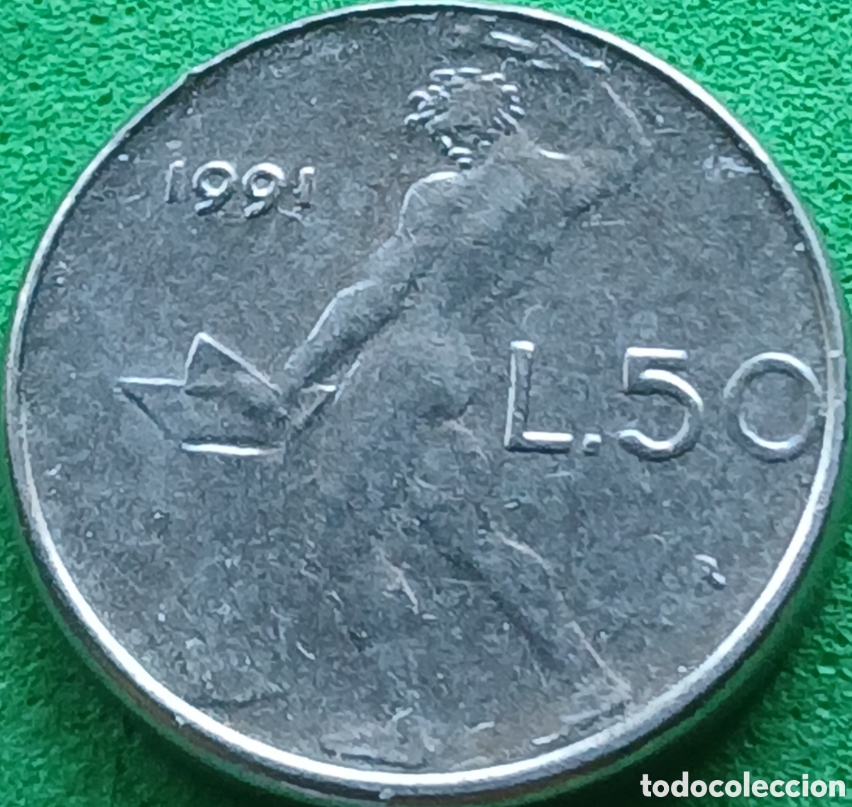 Monedas antiguas de Europa: Italia 50 liras 1991 km#95.2 sin rombo sobre la firma del grabador, poco com&uacute;n